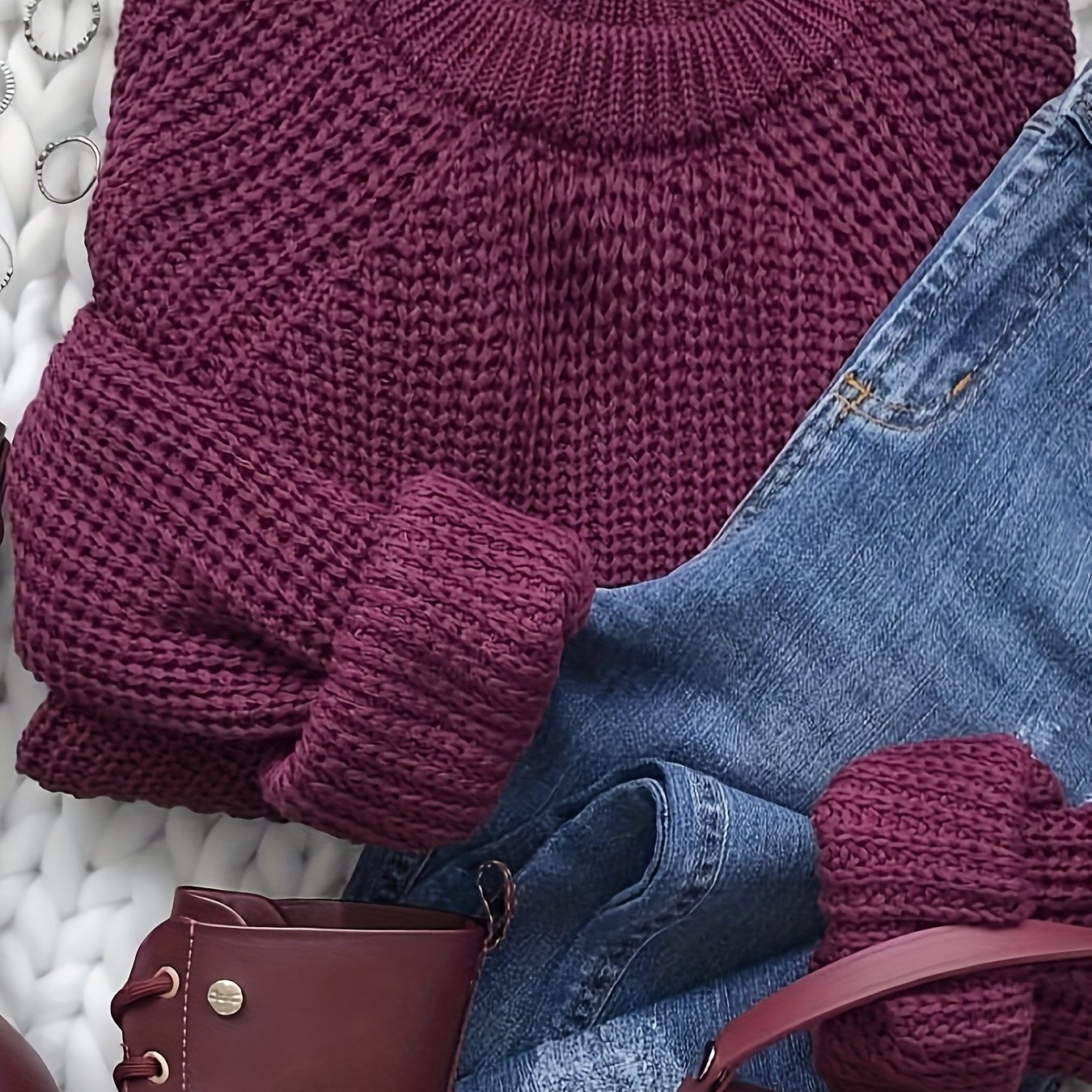 TEMU Elegancki Sweter Damski w Kolorze Musztardowym - Oversize, Okrągły Dekolt, Długie Rękawy, Zimowy Ciepły Pulower z Falbanką na Rękawach, Wygodny