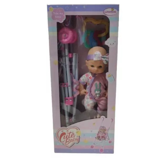 Lalka w ubranku z wzorem królika, z wózkiem składanym - 25 cm