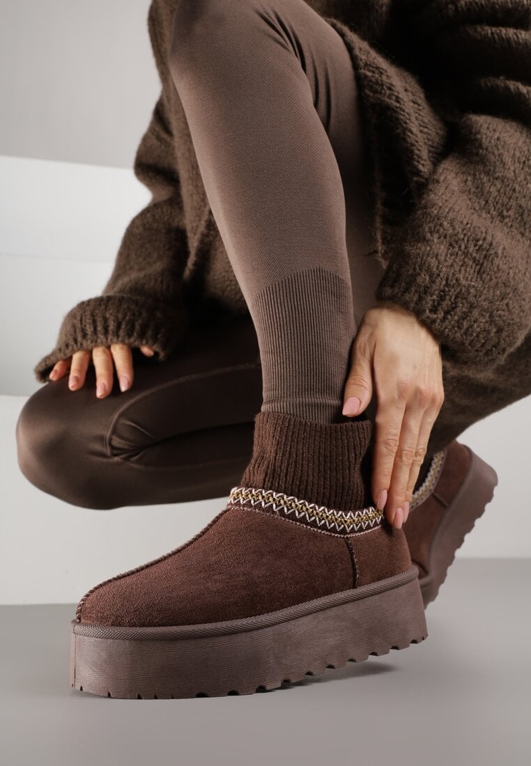 Brązowe Śniegowce VICES na Grubej Podeszwie z Haftem i Skarpetkową Cholewką Enantia