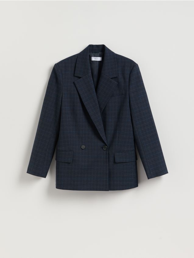 Reserved - Dwurzędowa marynarka w kratę - granatowy