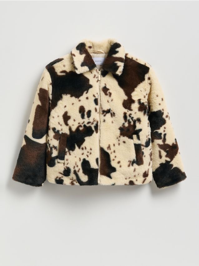 Reserved - Futrzana kurtka ze zwierzęcym wzorem - wielobarwny