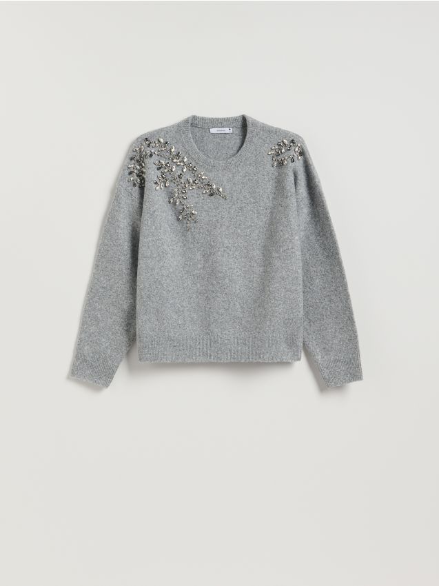 Reserved - Sweter z ozdobnymi aplikacjami - jasnoszary