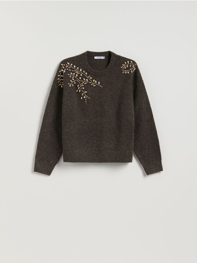 Reserved - Sweter z ozdobnymi aplikacjami - ciemnobrązowy