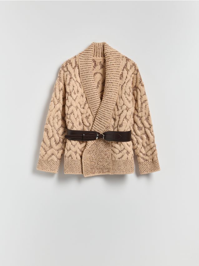 Reserved - Kardigan z paskiem - kremowy