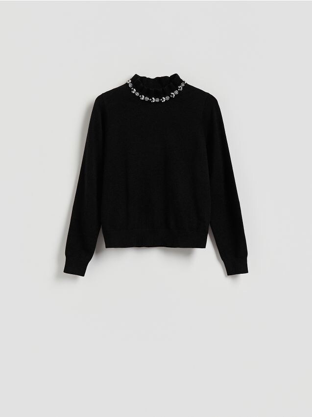 Reserved - Sweter z ozdobną aplikacją - czarny