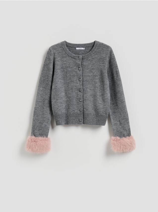Reserved - Kardigan z futrzanymi mankietami - szary