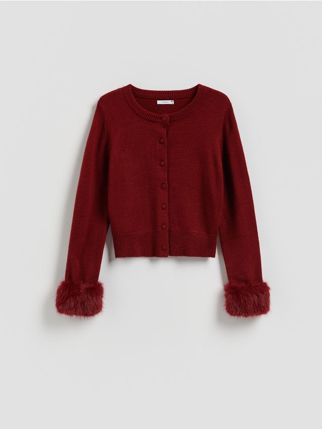 Reserved - Kardigan z futrzanymi mankietami - karminowy