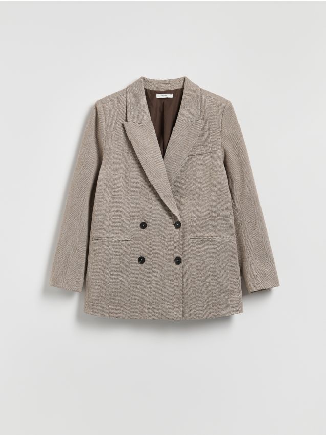 Reserved - Dwurzędowa marynarka w jodełkę - brązowy