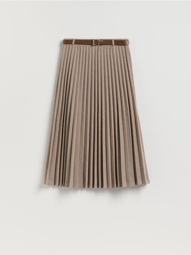 Reserved - Plisowana spódnica midi z paskiem - beżowy