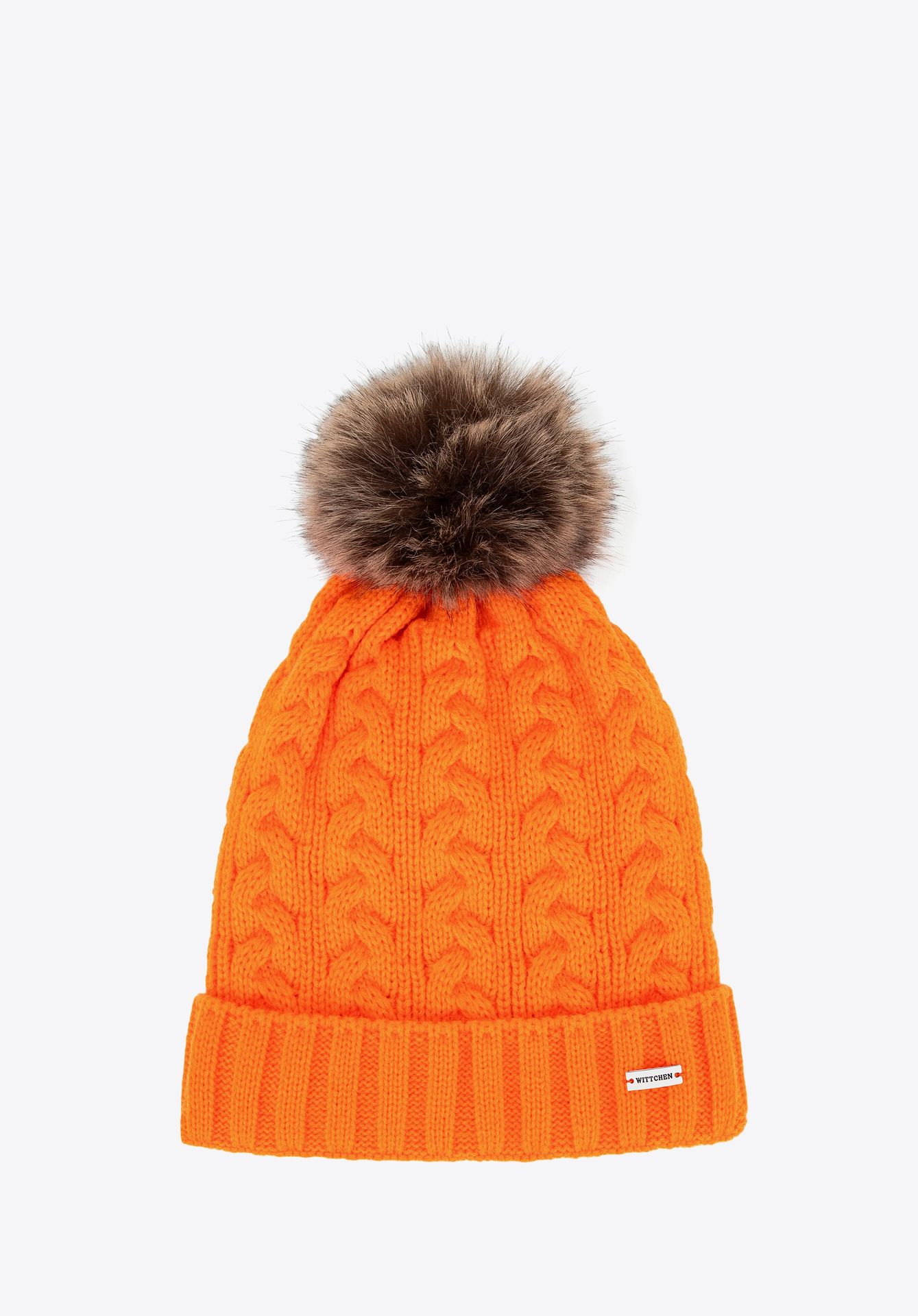 Czapka damska z warkoczowym splotem i pomponem pomarańczowa