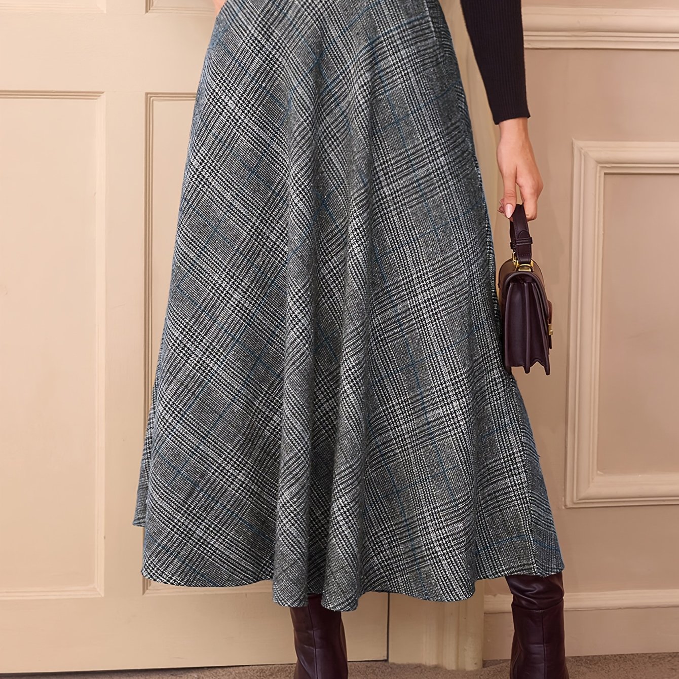 TEMU Damska Elegancka Wysokotalia Spódnica w Kratę - Niebiesko-Szaro-Brązowa , A-Liniowy Fason z Nieelastycznej Tkaniny na Codzień i Oficjalne Okazje