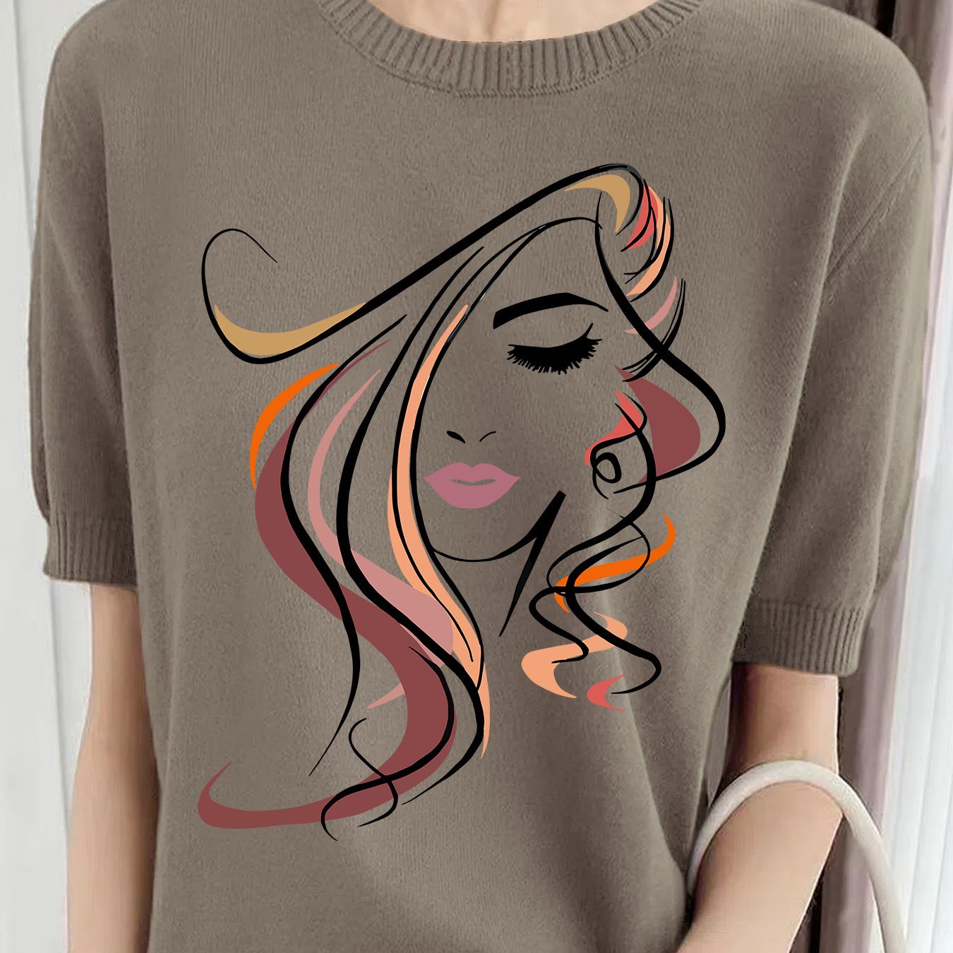 TEMU Sweter Damski z Krótkim Rękawem i Okrągłym Dekoltem w 3D Kwiatowy Wzór - Oliwkowo-Zielony, Uniwersalny na Wiosnę Jesień, Pranie Maszynowe,