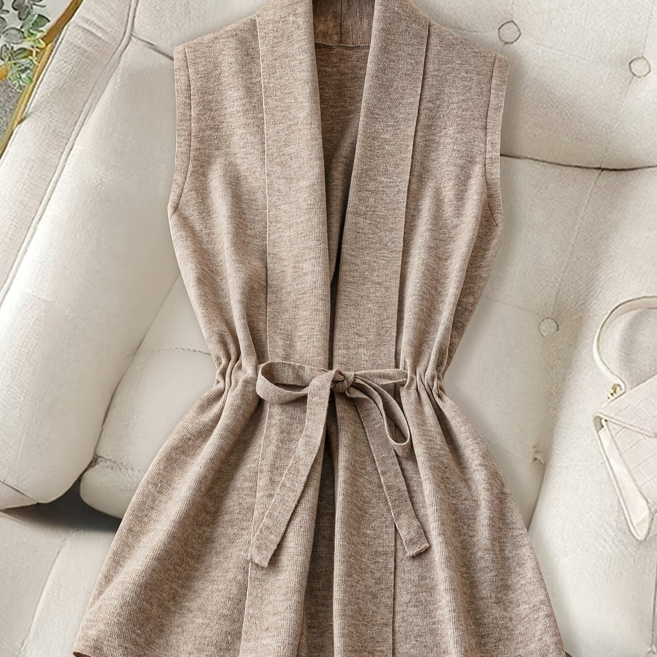 TEMU Elegancki damski bezrękawnik kardigan - Beżowy sweter z otwartą przodową częścią i regulowanym sznurkiem w pasie, długi, formalny i codzienny na