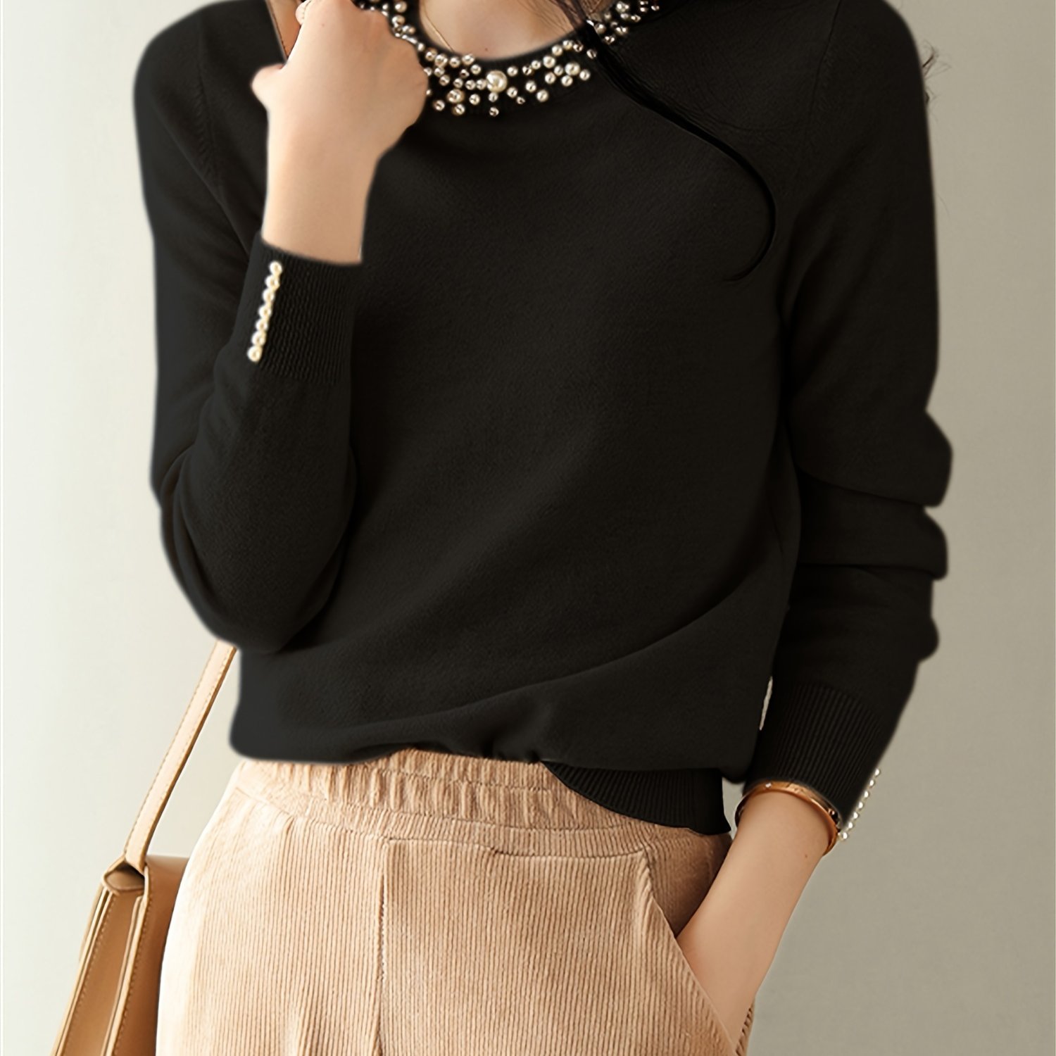 TEMU Sweter damski z okrągłym dekoltem i długim rękawem - casualowy, ozdobiony perłami, jednokolorowy, średnio elastyczny pulower na każdą porę roku,