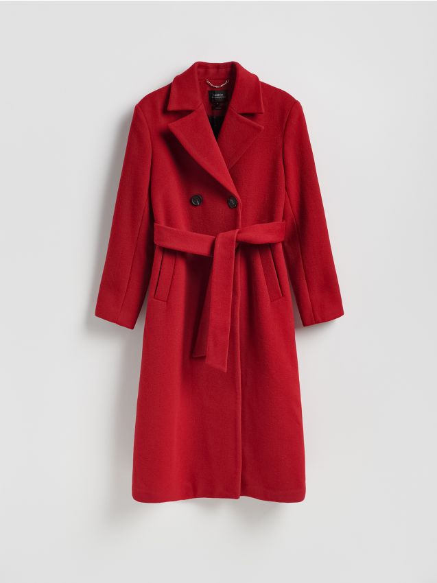 Reserved - Dwurzędowy płaszcz z wełną - czerwony