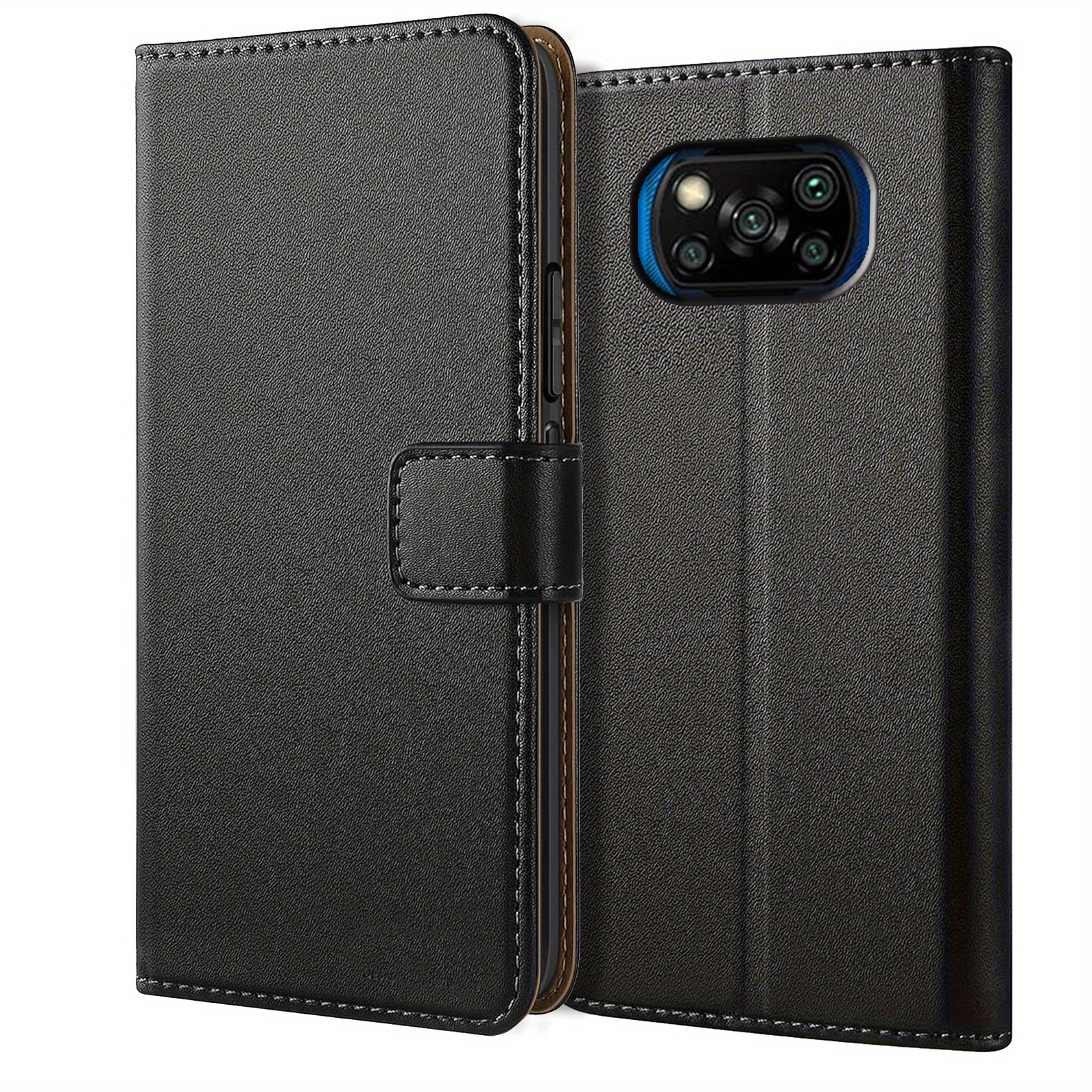 TEMU Etui Portfel z Podstawką dla Xiaomi Poco X3 NFC / Poco X3 Pro – Czarna Skóra Ekologiczna, Ochronne Etui Flip