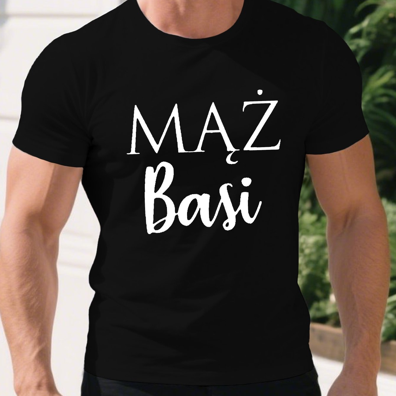 TEMU Męska zabawna polska koszulka z nadrukiem „Ma Zbasi” - , casualowa letnia koszulka z krótkim rękawem, czarna z białym napisem, lekki poliester,