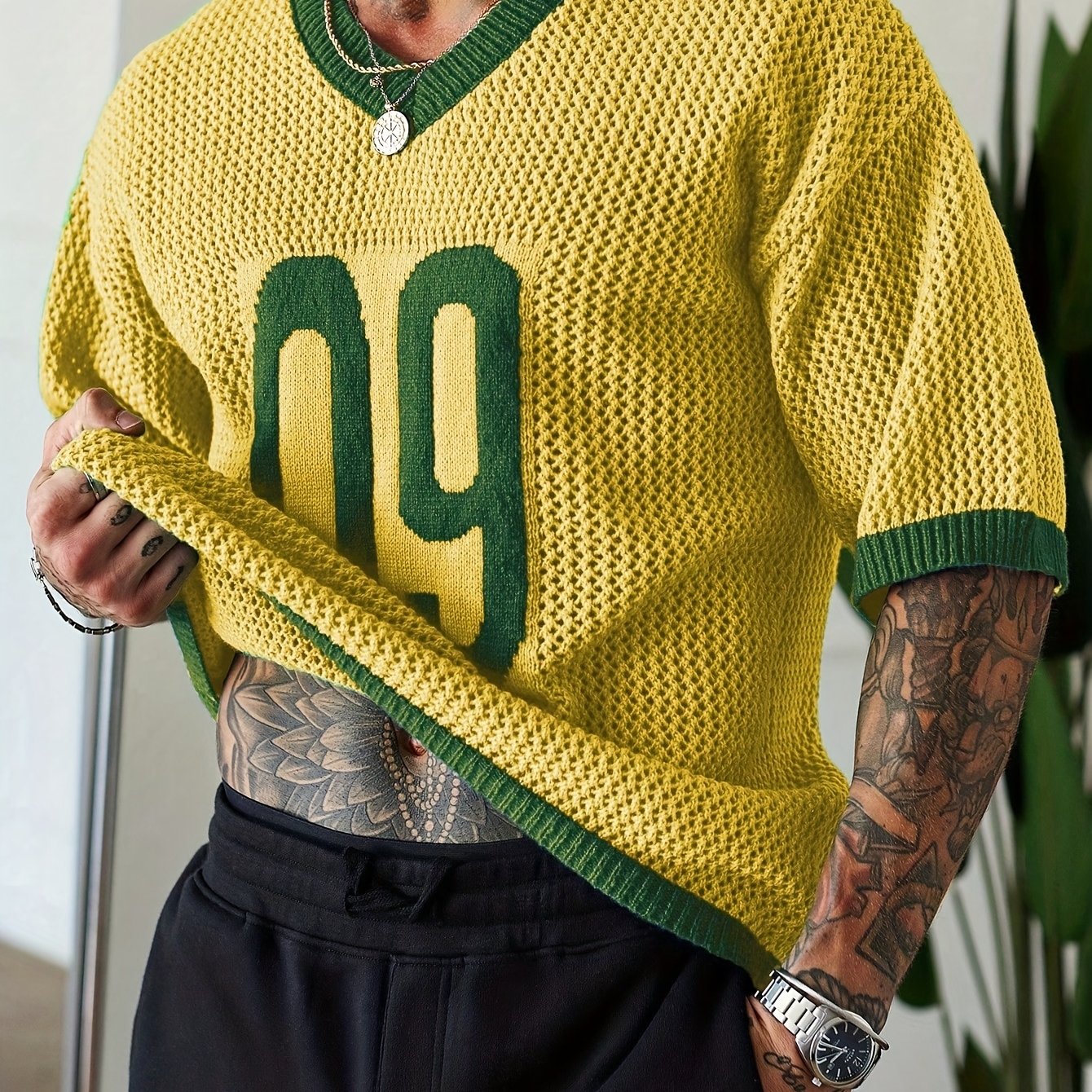 TEMU JNBLDA Męski Sweter Sportowy - Biało-Niebieski Kontrastowy Pullover z Dekoltem w Serek, Luźny Fason Dzianinowy Top na Siłownię i Casual,