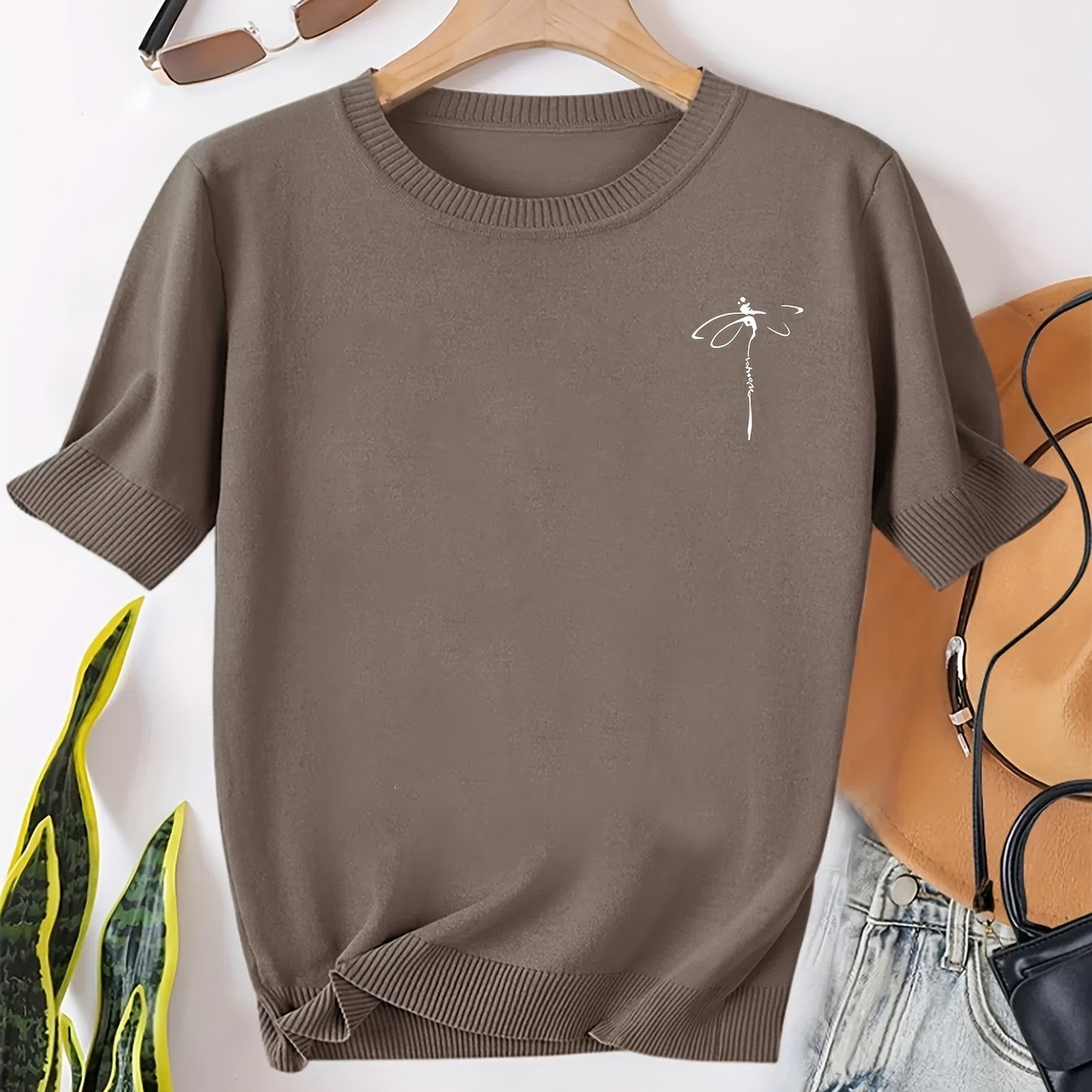 TEMU Damski Sweter w Kolorze Oliwkowym z Krótkim Rękawem i Zaokrąglonym Dekoltem - Elegancka Bluzka Casualowa ze Wzorem Ważki, Miękkie Przewiewne