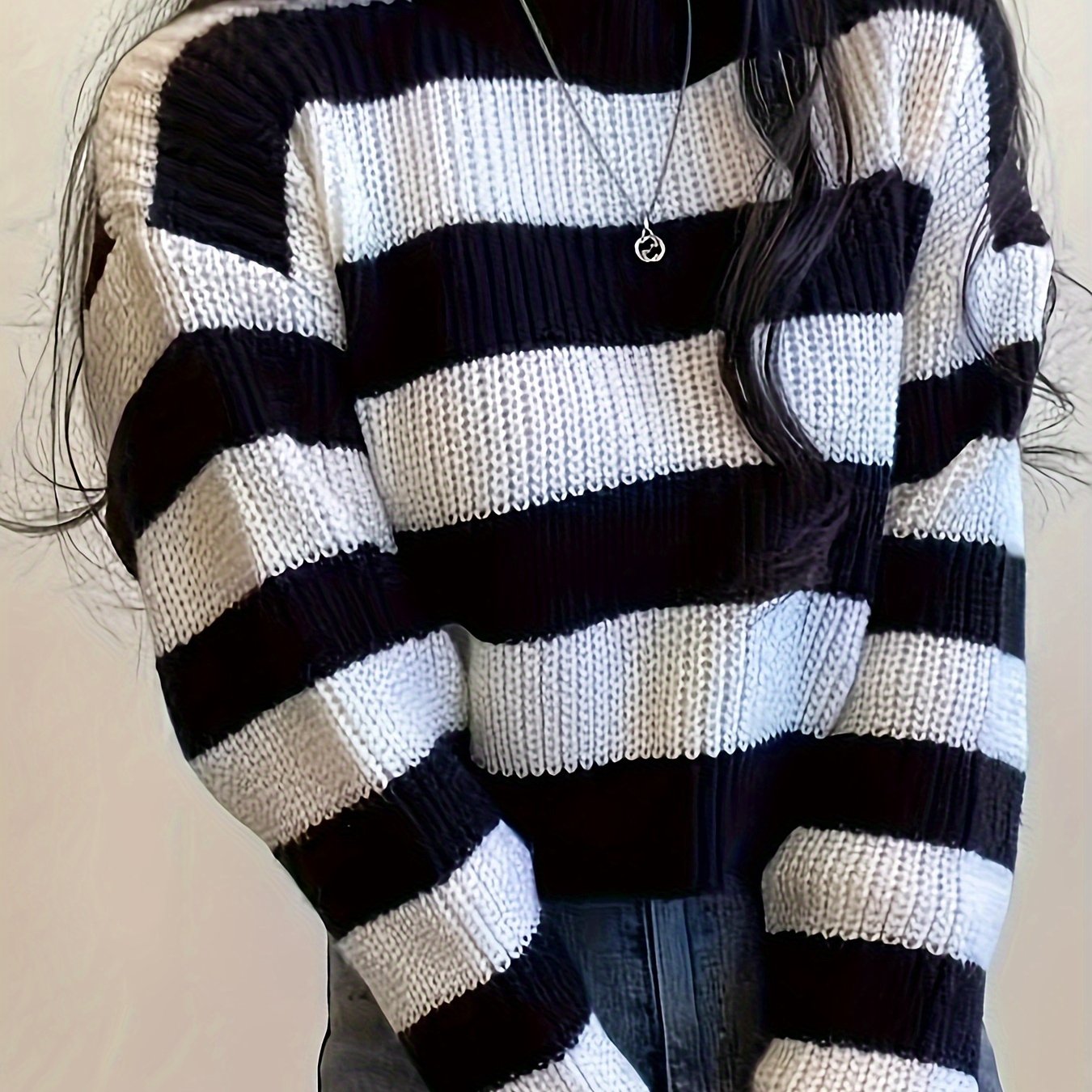 TEMU Sweter w Paski Czarno-Białe z Długim Rękawem dla Kobiet - Luźny Pulower z Okrągłym Dekoltem, Prześwitujący Top na Wiosnę Jesień, Od Casualowych