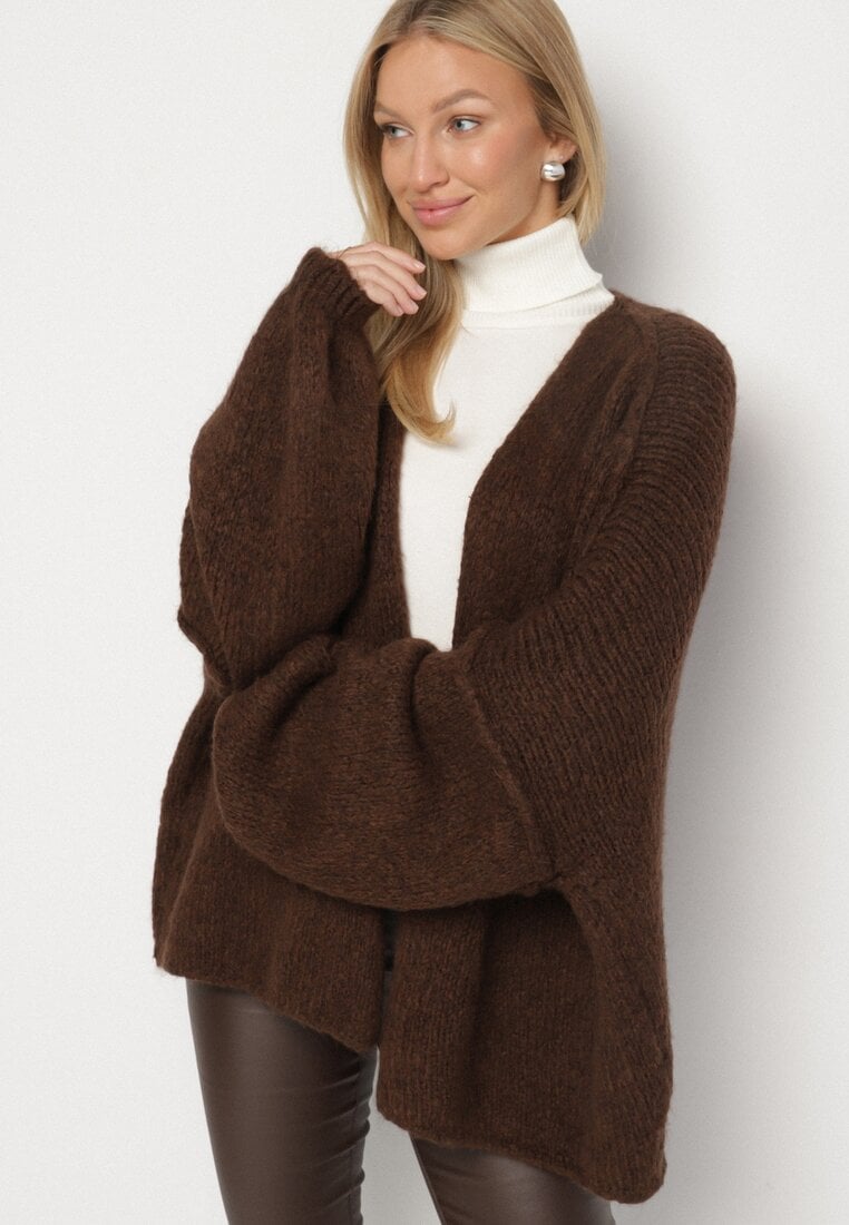 Brązowy Nietoperzowy Kardigan Bez Zapięć z Domieszką Wełny i Wiskozy Rallisa