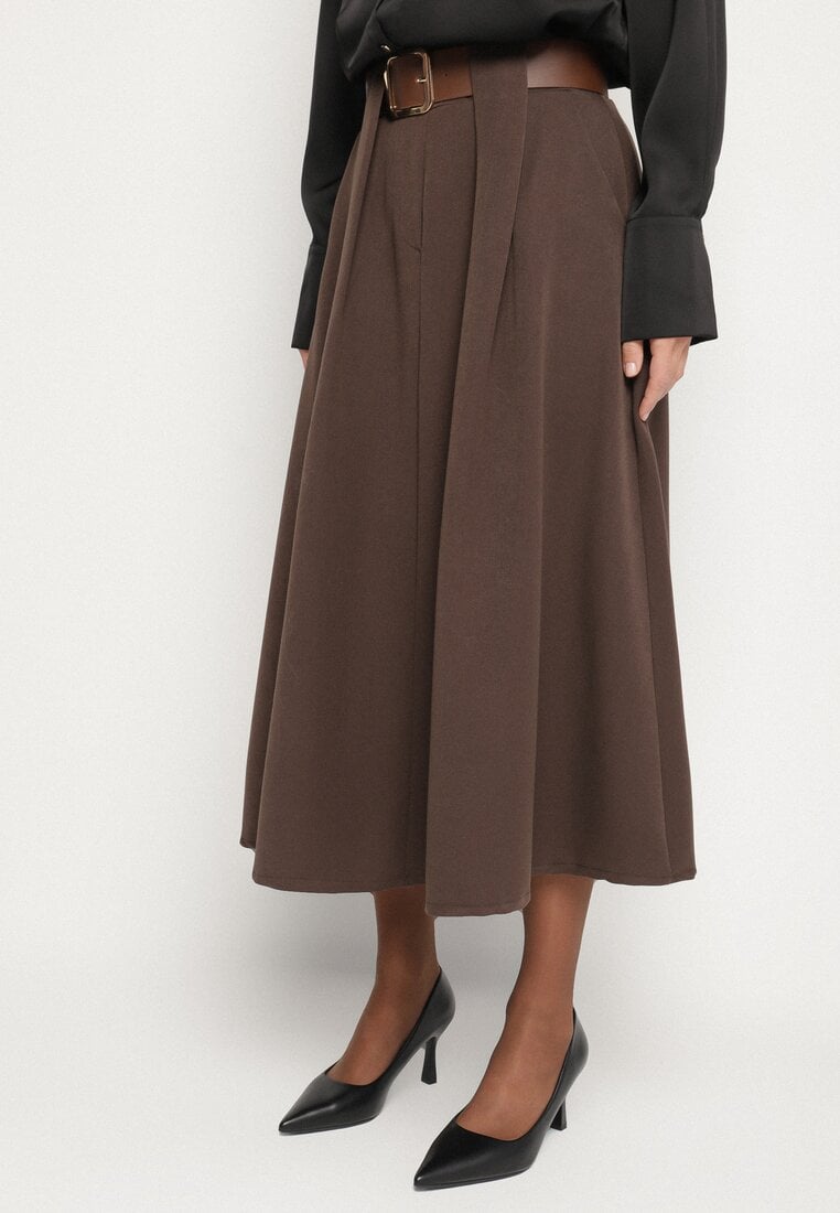 Brązowa Rozkloszowana Spódnica z Wiskozą Zdobiona Paskiem z Klamrą Tinevia