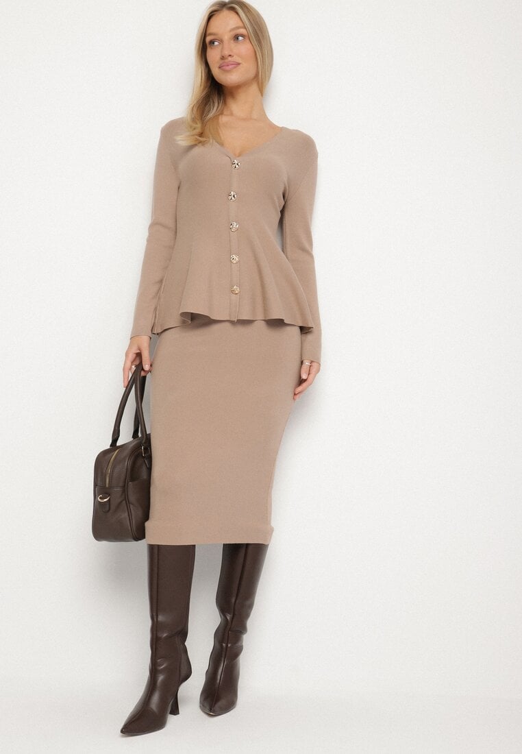 Beżowy Elegancki Komplet z Dzianiny z Wiskozą Kardigan i Spódnica Uneva