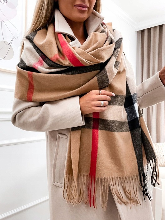 Szalik Damski kaszmirowy karmelowy czerwony w kratę
