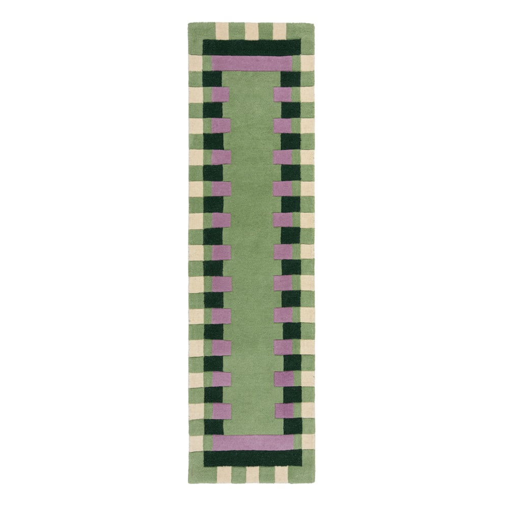 Zielono-fioletowy wełniany chodnik tkany ręcznie 60x230 cm Kai Wool Border – Flair Rugs