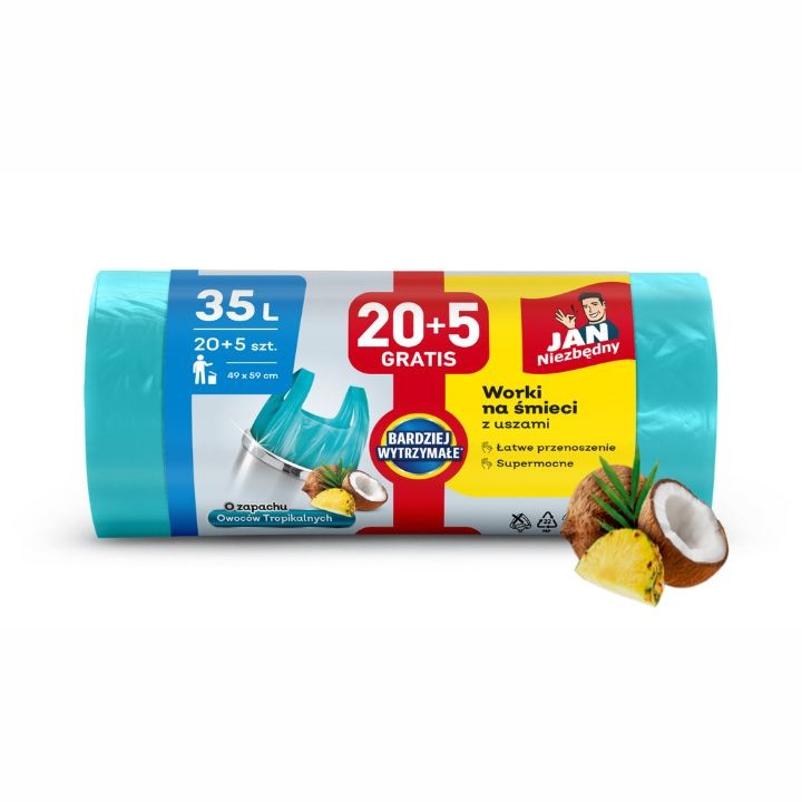 Worki na śmieci 35L o zapachu owoców tropikalnych z uszami Jan Niezbędny 20+5 szt.