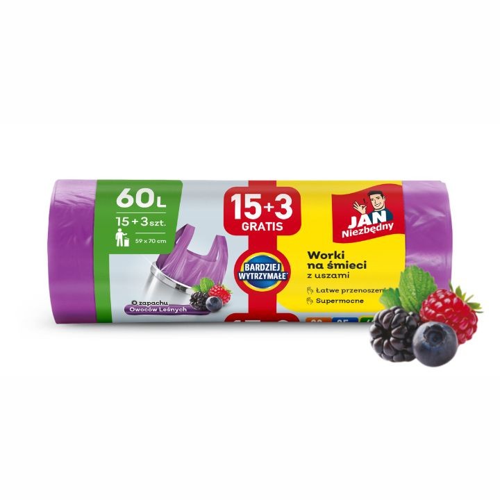 Worki na śmieci 60L o zapachu owoców leśnych z uszami Jan Niezbędny 15+3 szt.