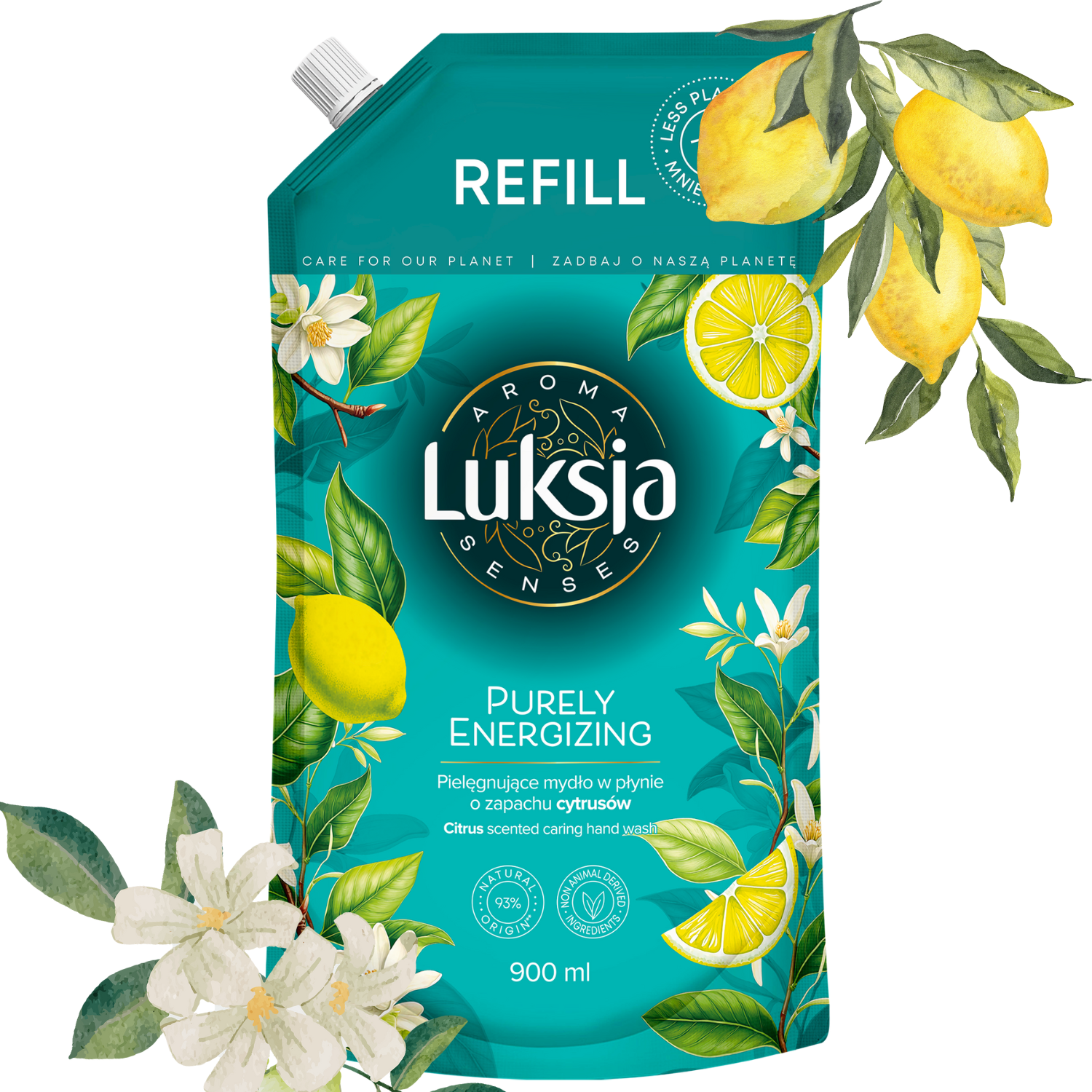 Pielęgnujące mydło w płynie o zapachu cytrusów, zapas Luksja Aroma Senses Purely Energizing 900 ml