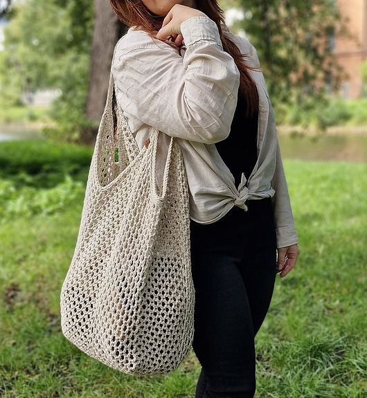 Ekologiczna torba siatka ze sznurka, beżowa