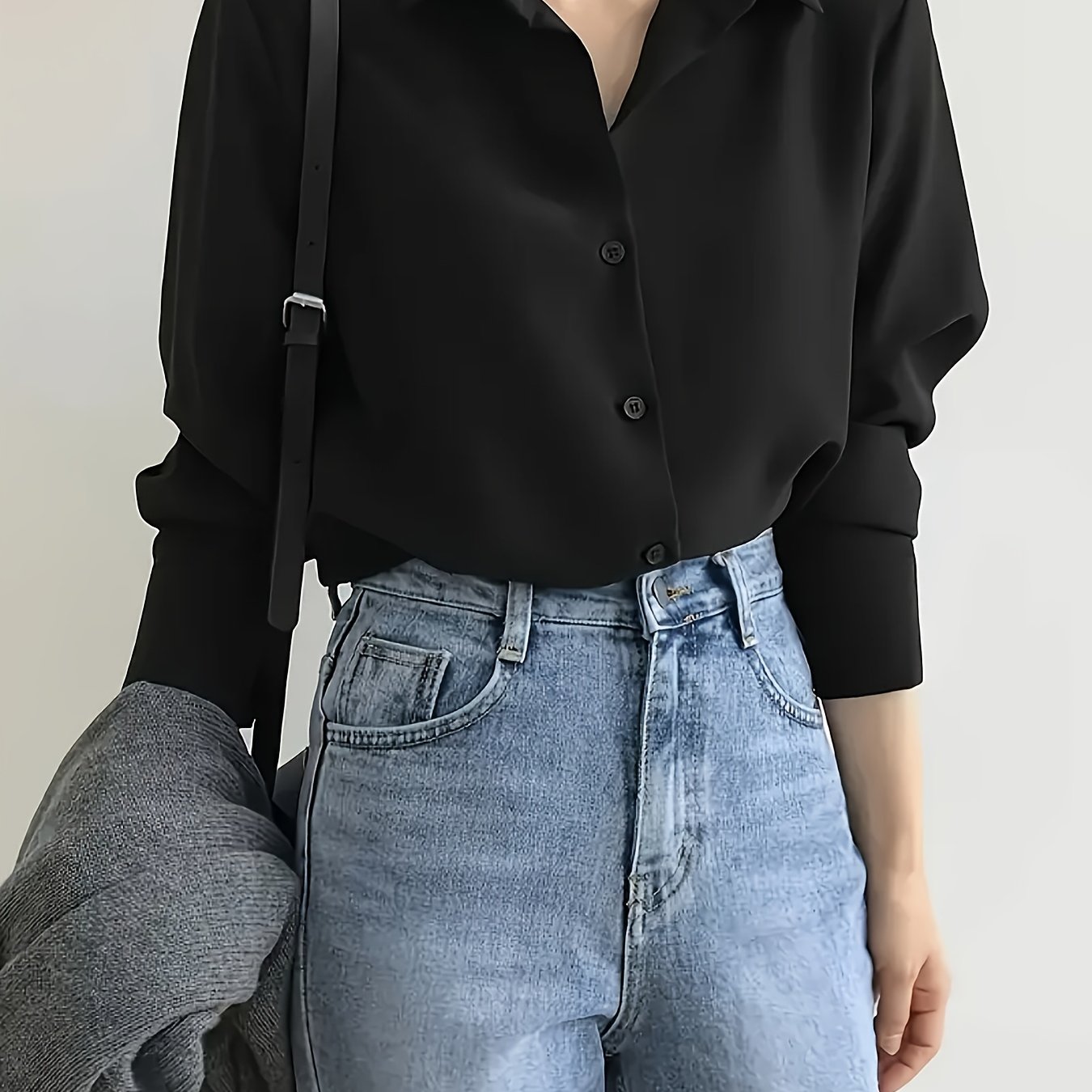 TEMU Elegancka czarna koszula damska z długim rękawem zapinana na guziki - asymetryczny dół, kołnierzyk, jednolity , uniwersalna do biura i na co