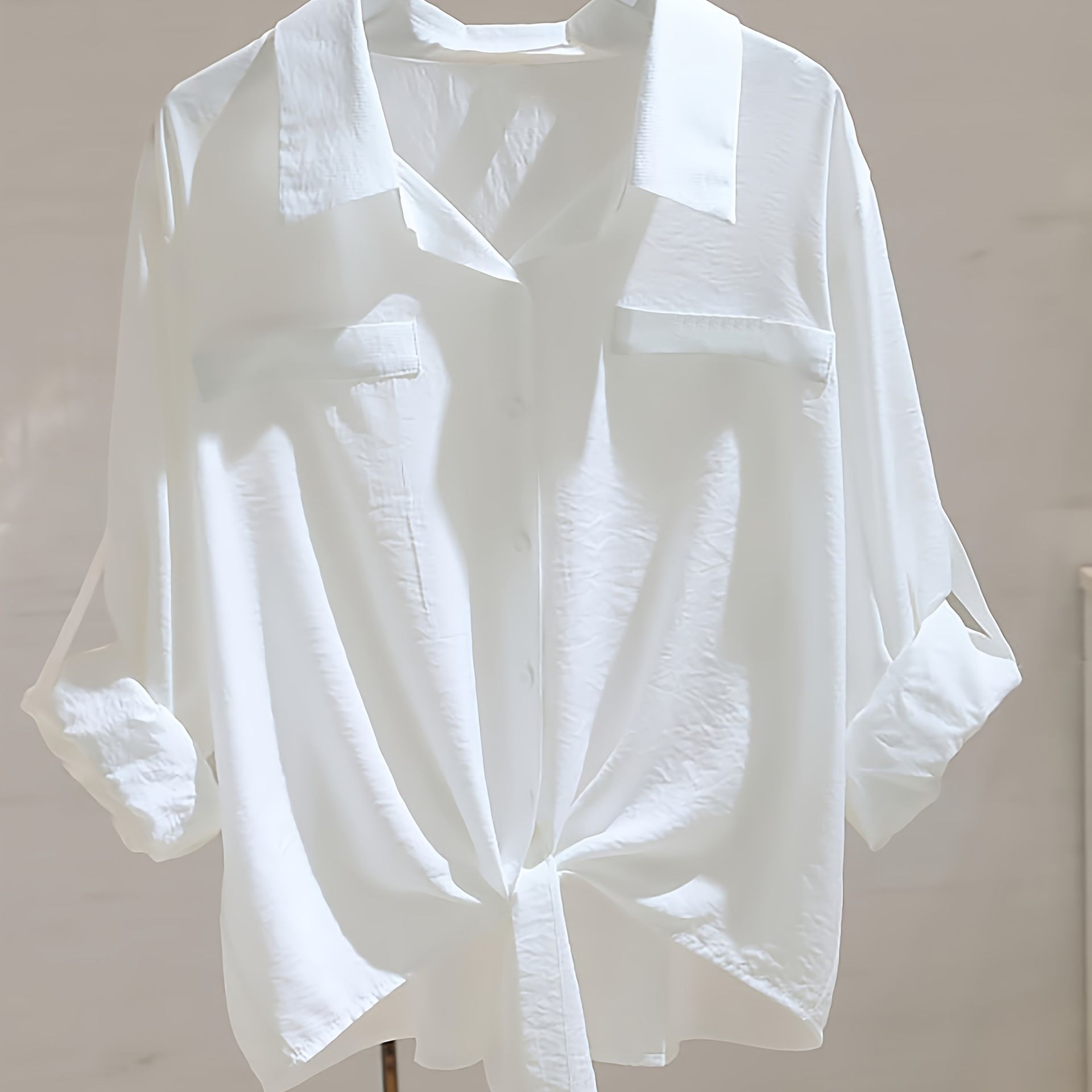 TEMU Elegancka Koszula Damska w Stylu Francuskim z Kołnierzykiem i Krawatem – Długi Rękaw, Biała, na Każdą Porę Roku, do Stylu Casual i Biznesowego –