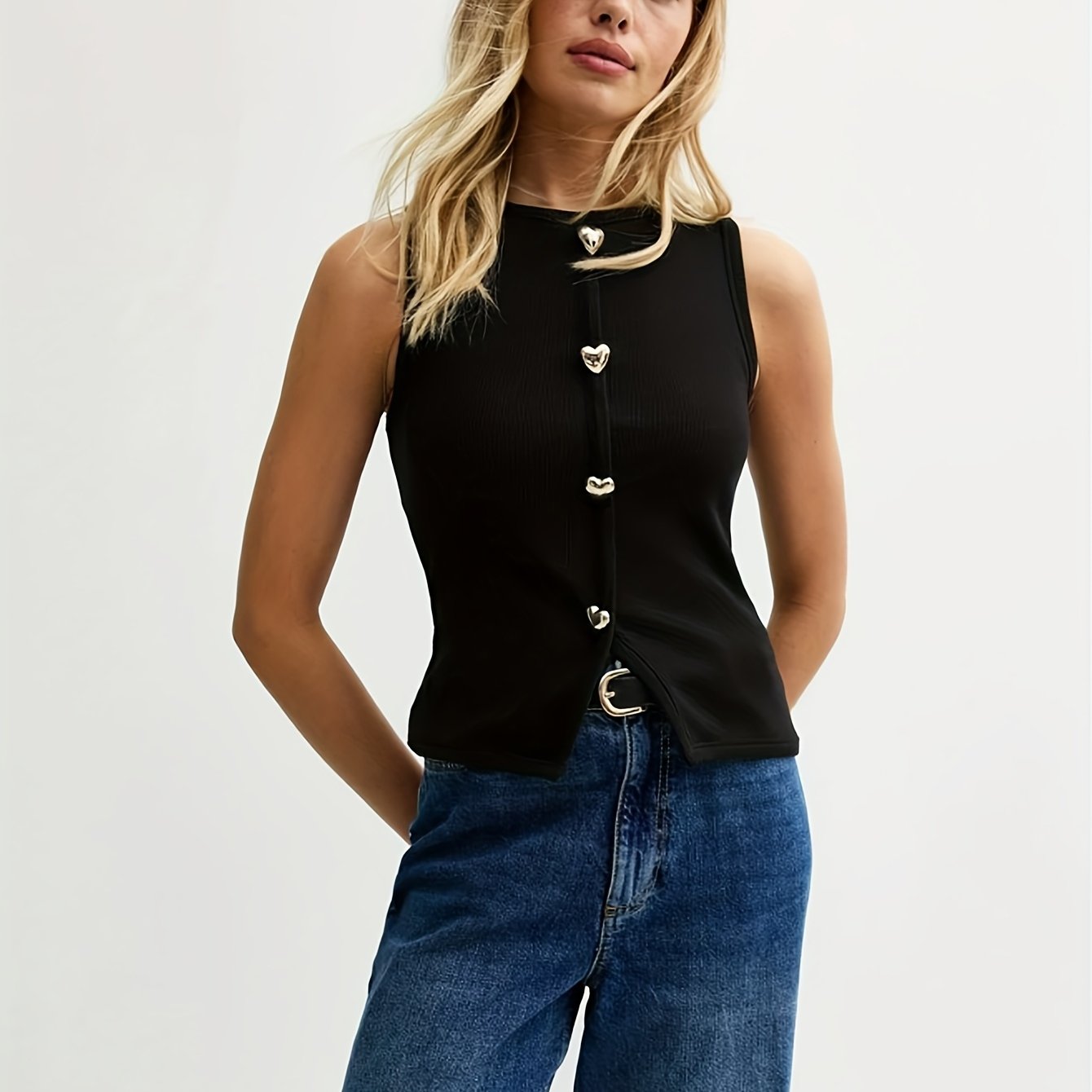 TEMU Damska bluzka bez rękawów - Eleganckie zapinanie na guziki w kształcie , stylowe bluzki od biura na imprezę, lekka letnia koszula damska, na co