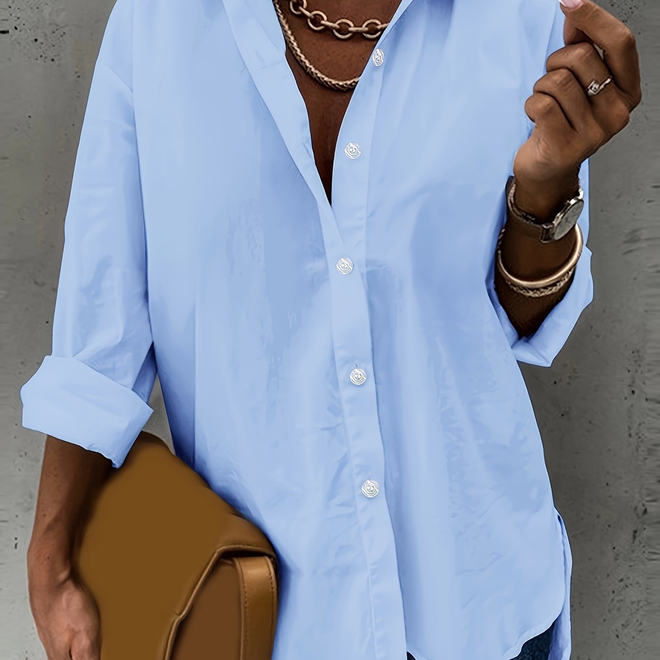 TEMU Koszula Damska w Stylu Casual z Szerokimi Rękawami i Długim Rękawem