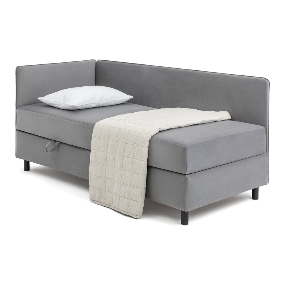 Szare tapicerowane łóżko jednoosobowe ze schowkiem i materacem 90x200 cm Avela – Bonami Selection