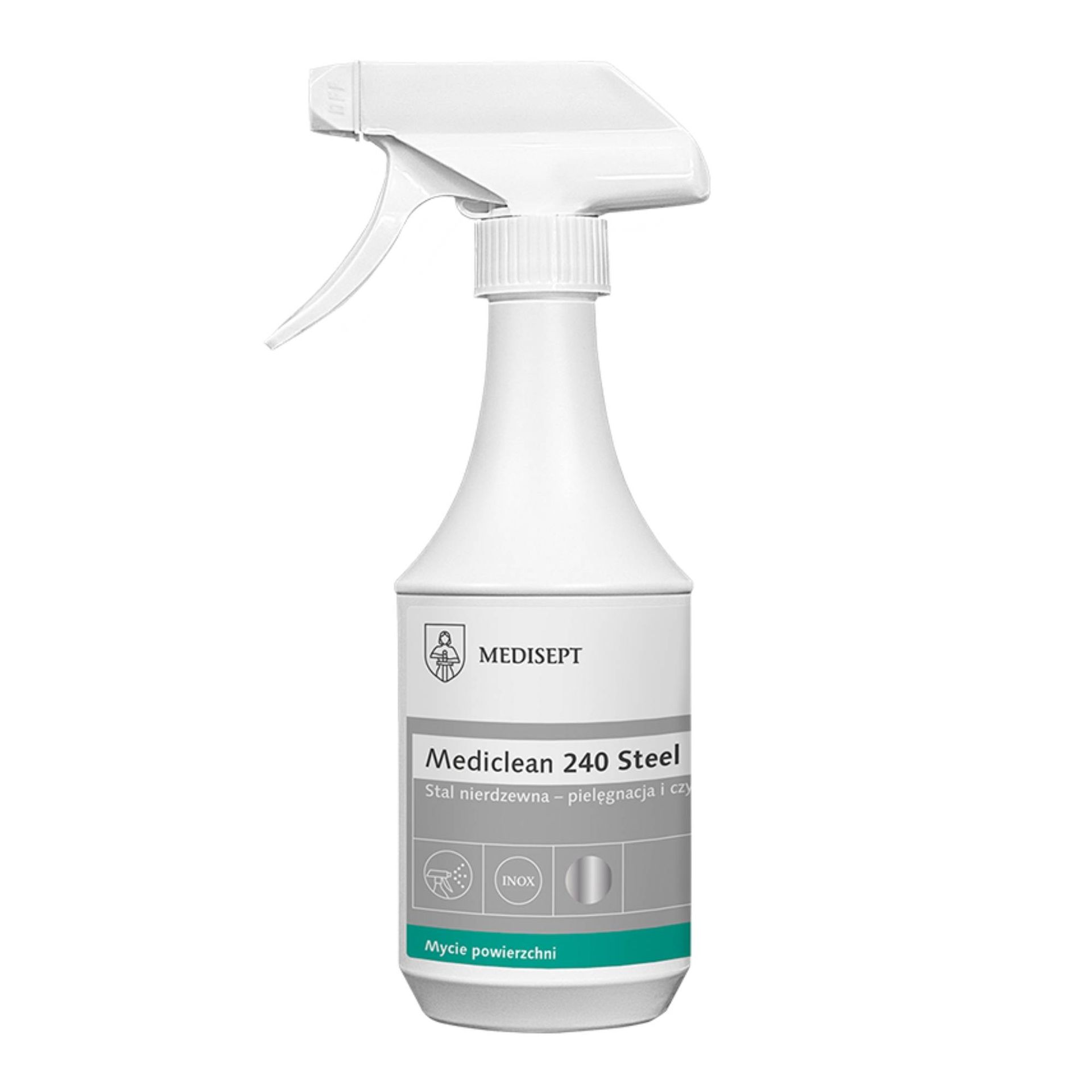 Mediclean 240 Steel Medisept, preparat do mycia i pielęgnacji powierzchni ze stali nierdzewnej - butelka 500 ml ze spryskiwaczem