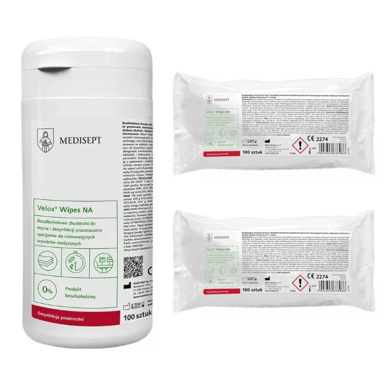 Zestaw produktów Medisept - Velox Wipes NA, bezalkoholowe chusteczki do mycia i dezynfekcji powierzchni - puszka i 2 wkłady, 300 szt.