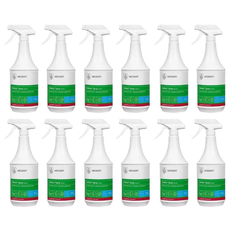 Zestaw produktów Medisept - płyn do mycia i dezynfekcji powierzchni Velox Spray Neutral 1l - 12 szt.