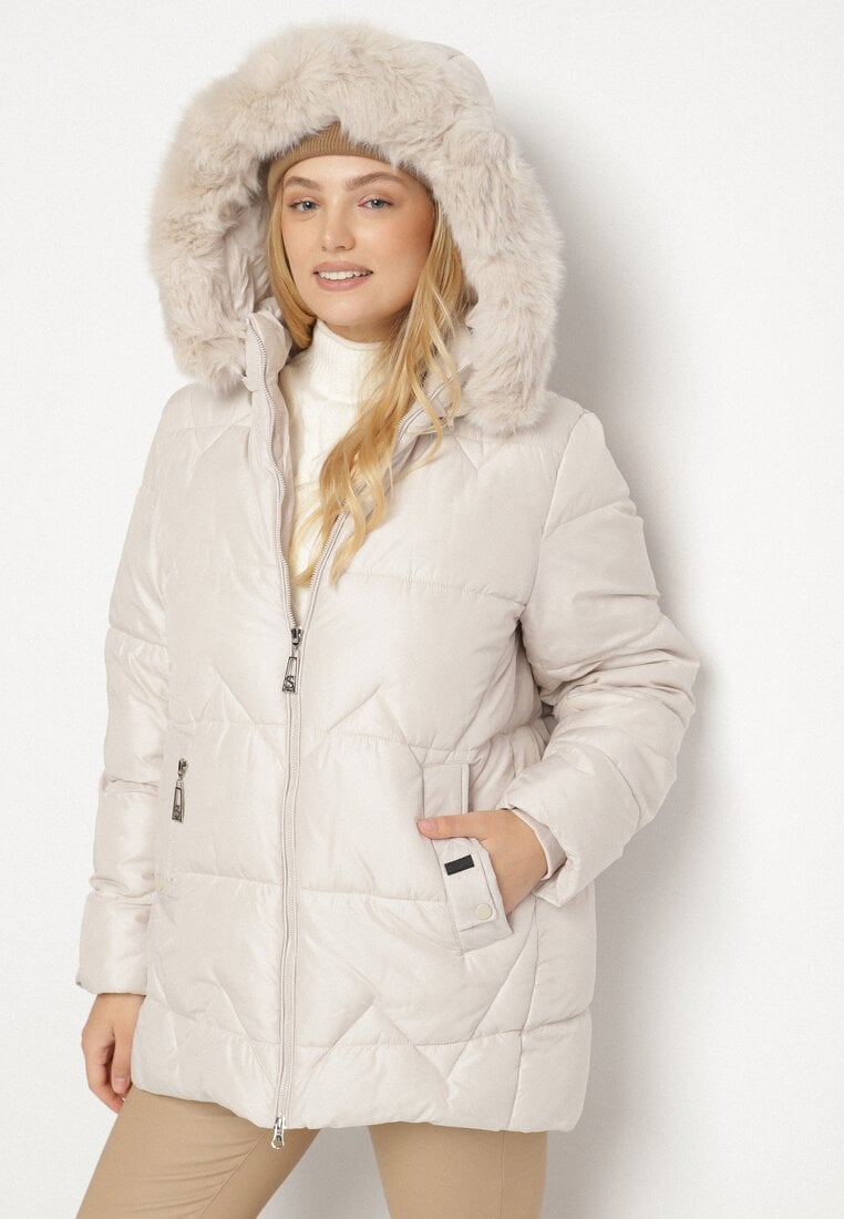 Jasnoszara Pikowana Kurtka z Kapturem z Futerkiem Tevea