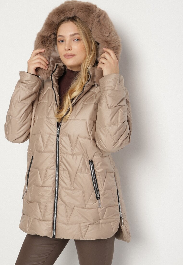 Beżowa Pikowana Kurtka z Kapturem z Futerkiem Azilma