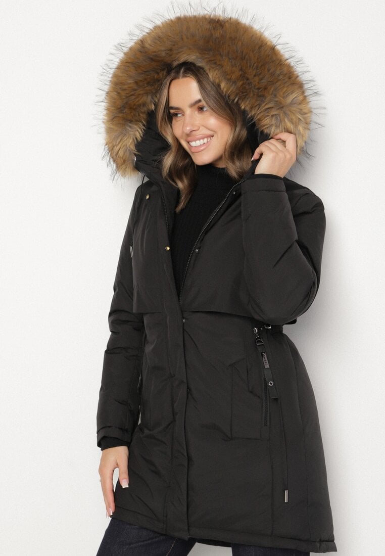 Czarna Casualowa Kurtka Parka z Kapturem z Futerkiem Nallorea