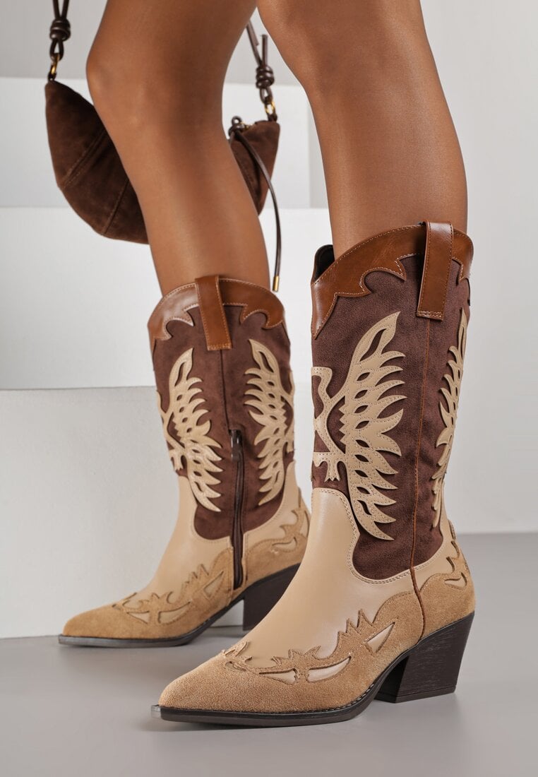 Brązowe Botki Typu Kowbojki na Stożkowym Obcasie z Tłoczonym Wzorem Badorella