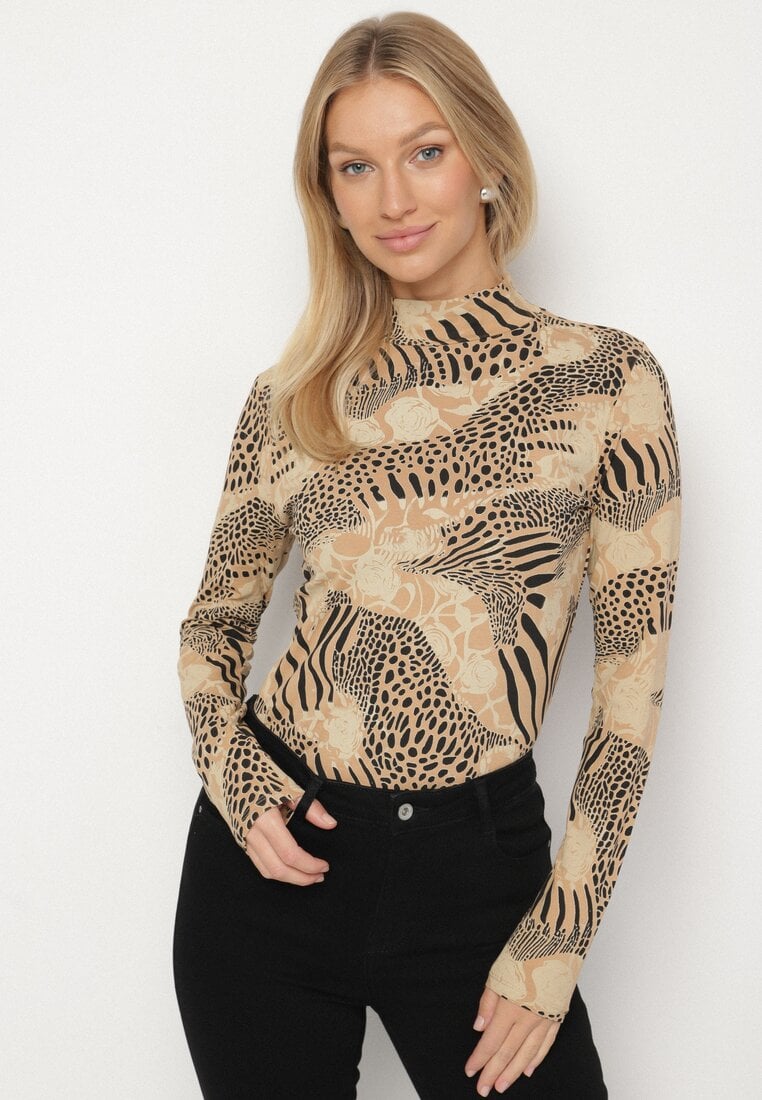 Beżowo-Czarna Bawełniana Bluzka w Panterkę z Półgolfem i Długim Rękawem Unilae
