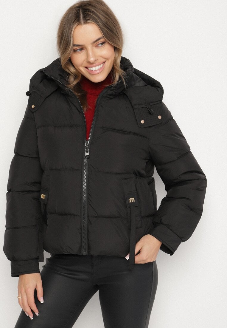 Czarna Pikowana Kurtka Puffer z Kapturem z Możliwością Odpięcia Galanea