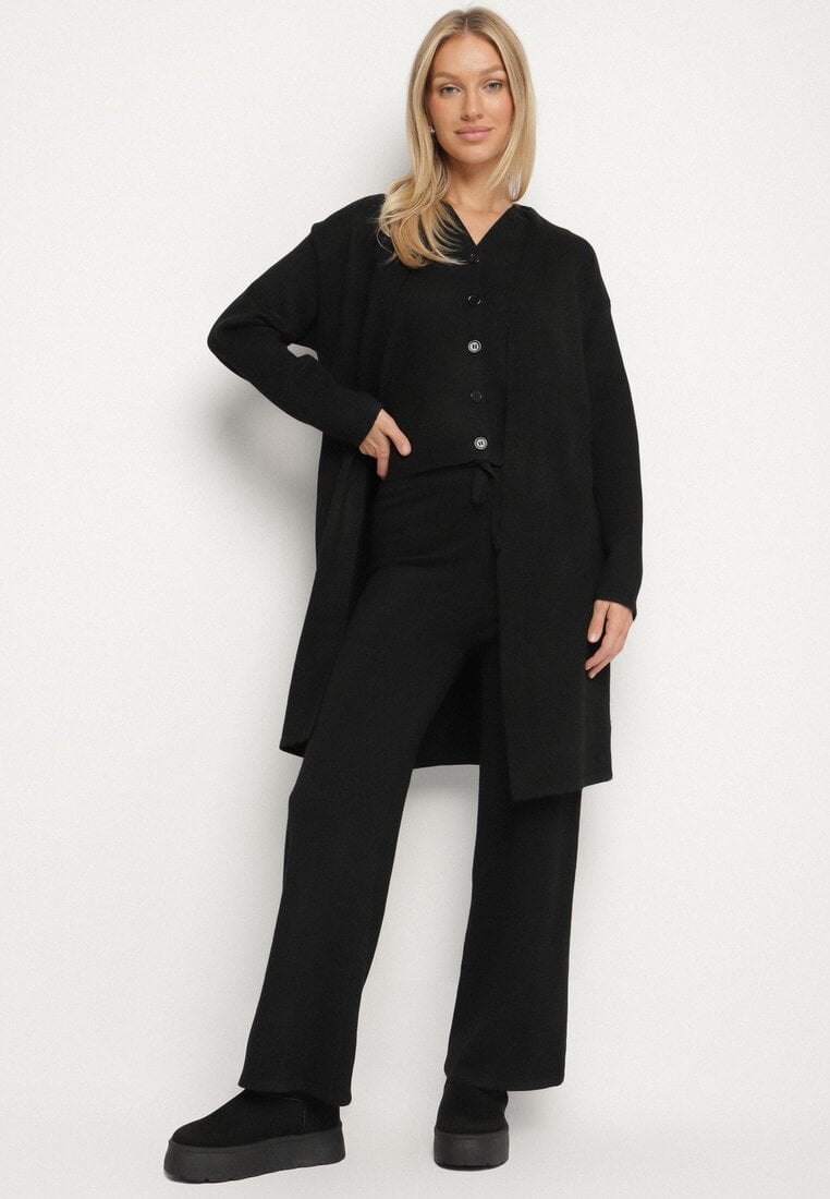Czarny Dzianinowy Komplet z Wełną Kamizelka Długi Kardigan i Spodnie Otizela