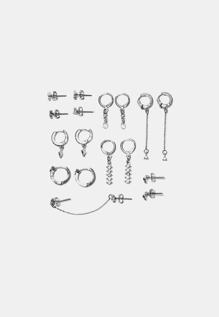 Stradivarius Zestaw 9 kolczyków z wisienkami i błyskotkami Szary OS