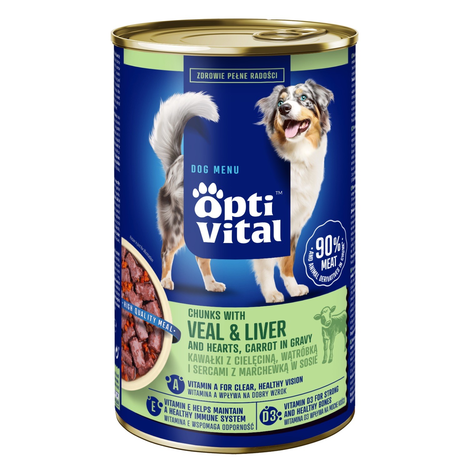 Soczyste kawałki dla dorosłych psów z cielęciną, sercami, wątróbką i marchewką w sosie OptiVital 1250g